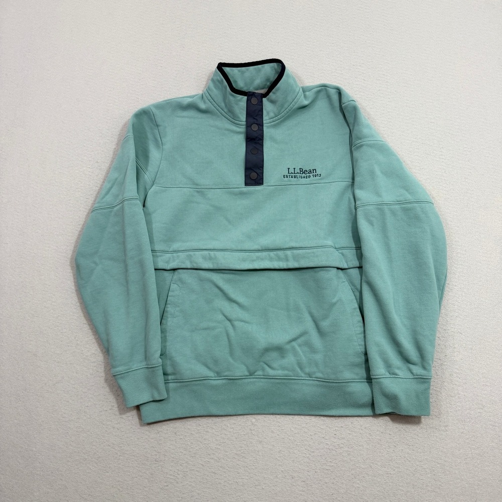 LL Bean Pullover Men's Large Green Snap T Neck Fleece Sweatshirt Outdoors 517598